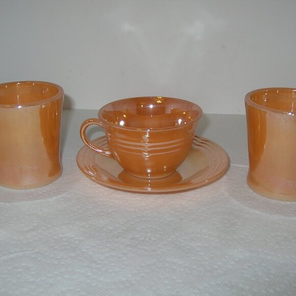Vintage Fire King Peach Luster CUP & SAUCER & 2 MUGS Oven Ware USA F - Picture 2 of 4